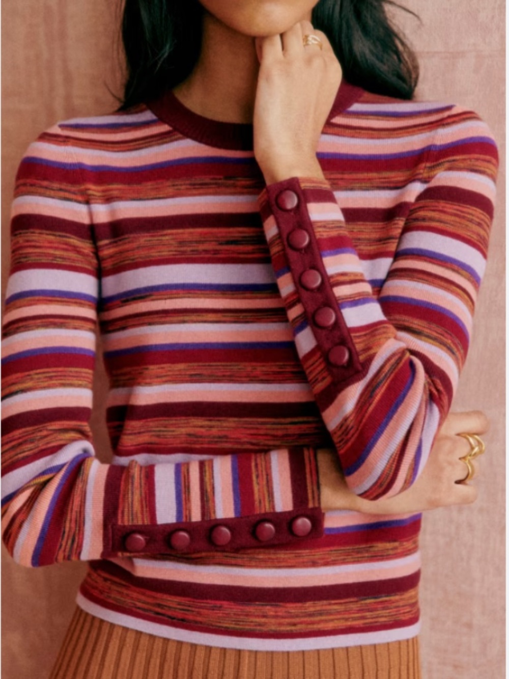 Sezane 'Clovis' Striped Fitted Crop Buttons Popover Merino Wool Cotton Sweater